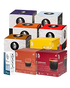 Bundle with 8 packages of coffee for Dolce Gusto and a package of descaling