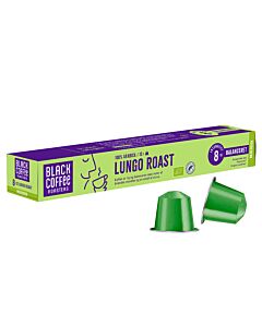 Black Coffee Roasters Lungo Roast pakke og kapsel til Nespresso
