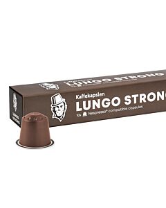 Kaffekapslen Lungo Strong Premium pakke og kapsel til Nespresso
